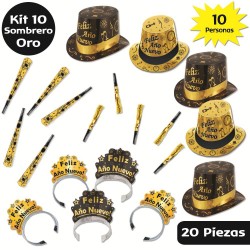 Paquete para 10 personas con Sombreros - Feliz Año Nuevo - Dorado