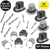 Paquete para 10 personas con Sombreros - Feliz Año Nuevo - Plata